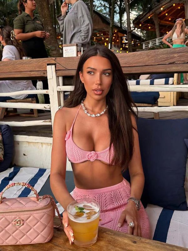 Beach vacation bikini two-piece set flower strappy long skirt hand-crocheted flower set