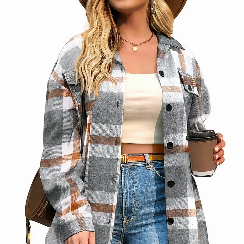 Women Plus Size Plaid Shacket  Coat