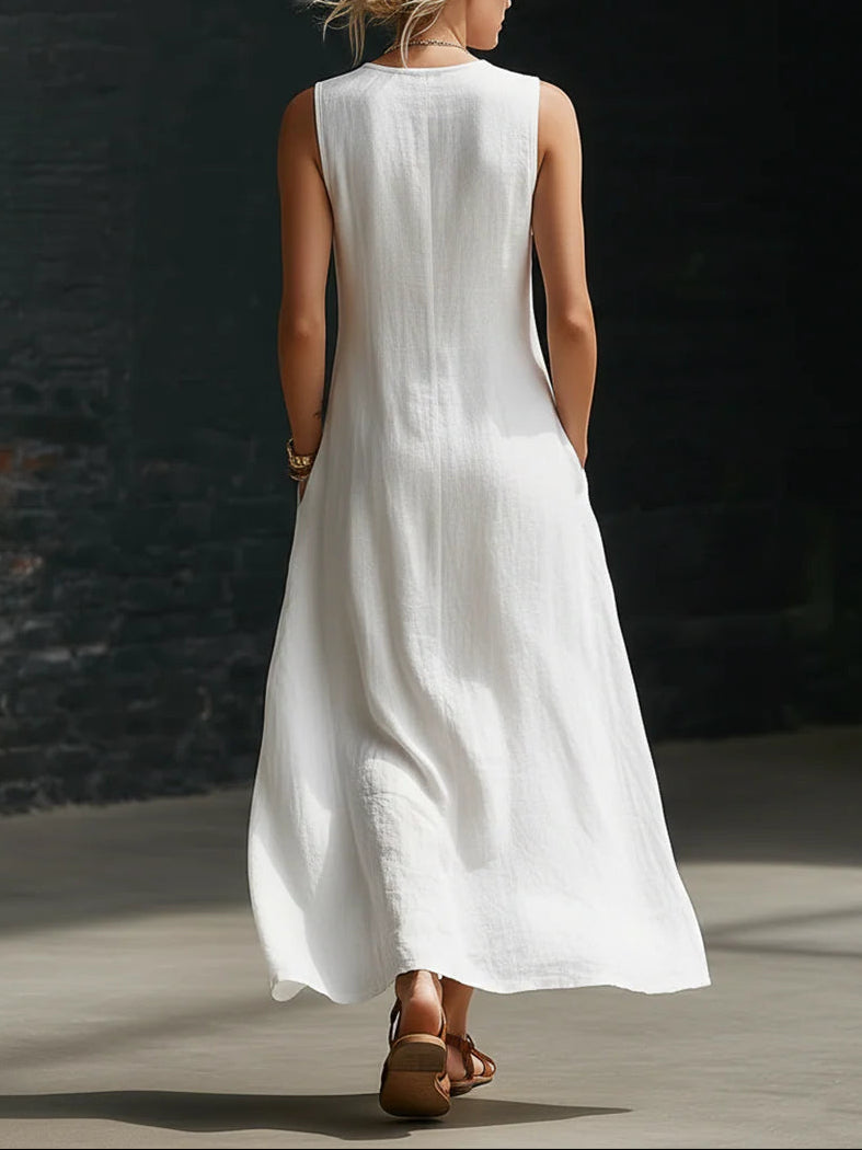 loose sleeveless V-neck diagonal button white dress