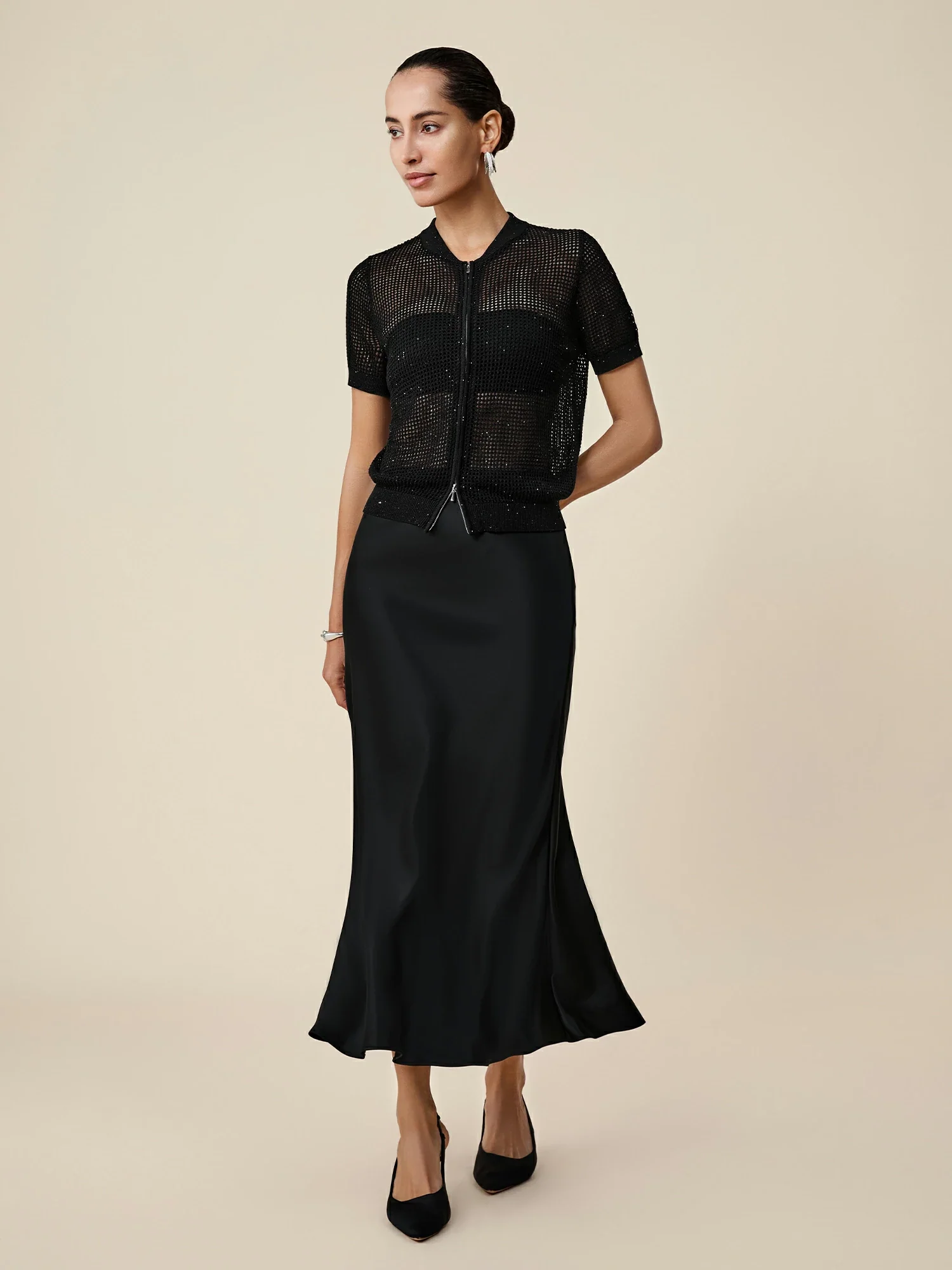 Lyocell & Linen Baseball Collar Sequin Cardigan