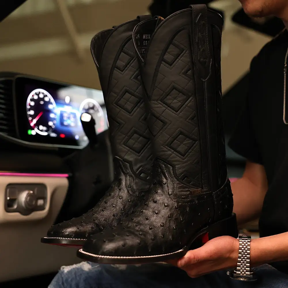 Black Ostrich Leather Boots - Square Toe