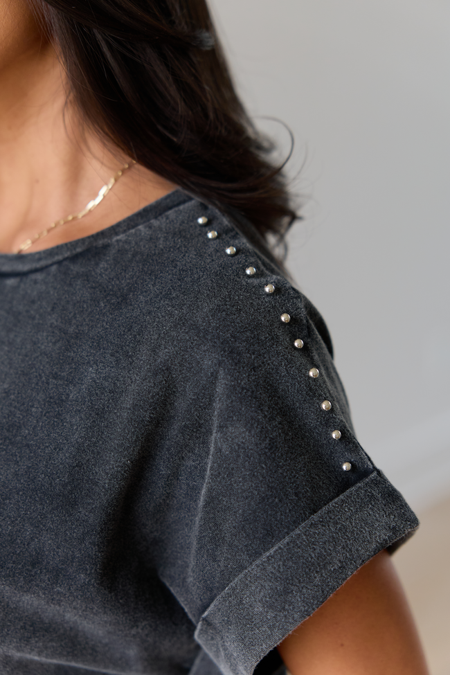 Kamryn Black Studded Acid Wash Tee
