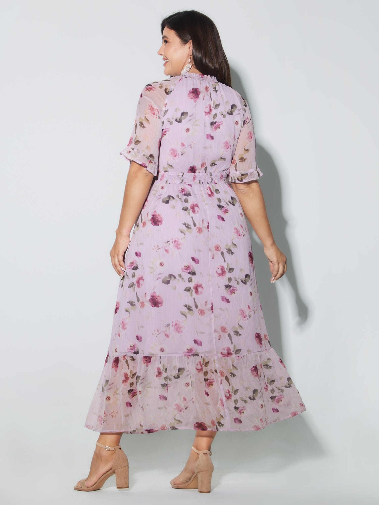 Floral Print Pockets Shirred Mock Neck Maxi Dress