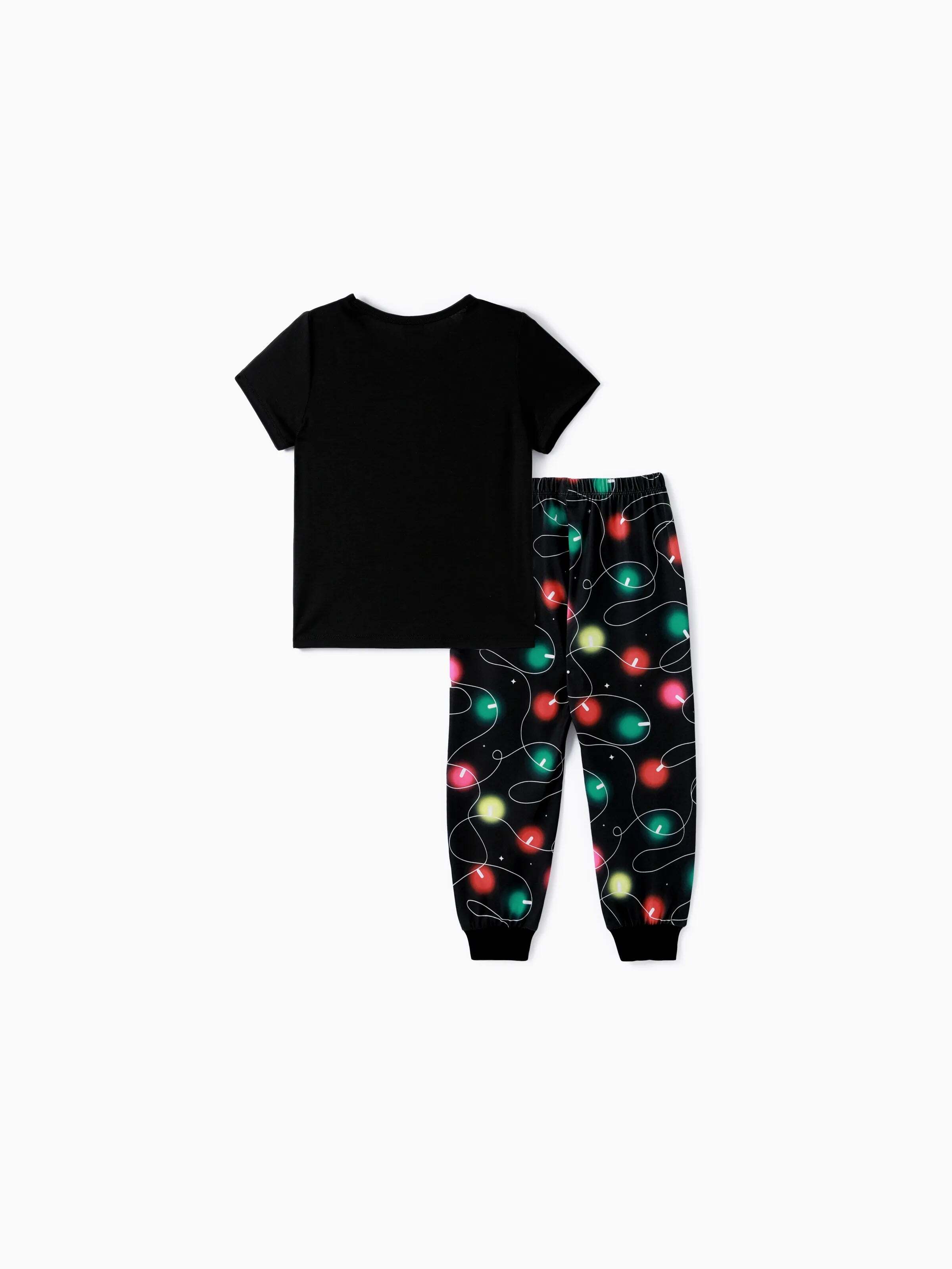 Christmas Family Matching Letters&Festive light bulb Print Short-sleeve Pajamas Sets Black