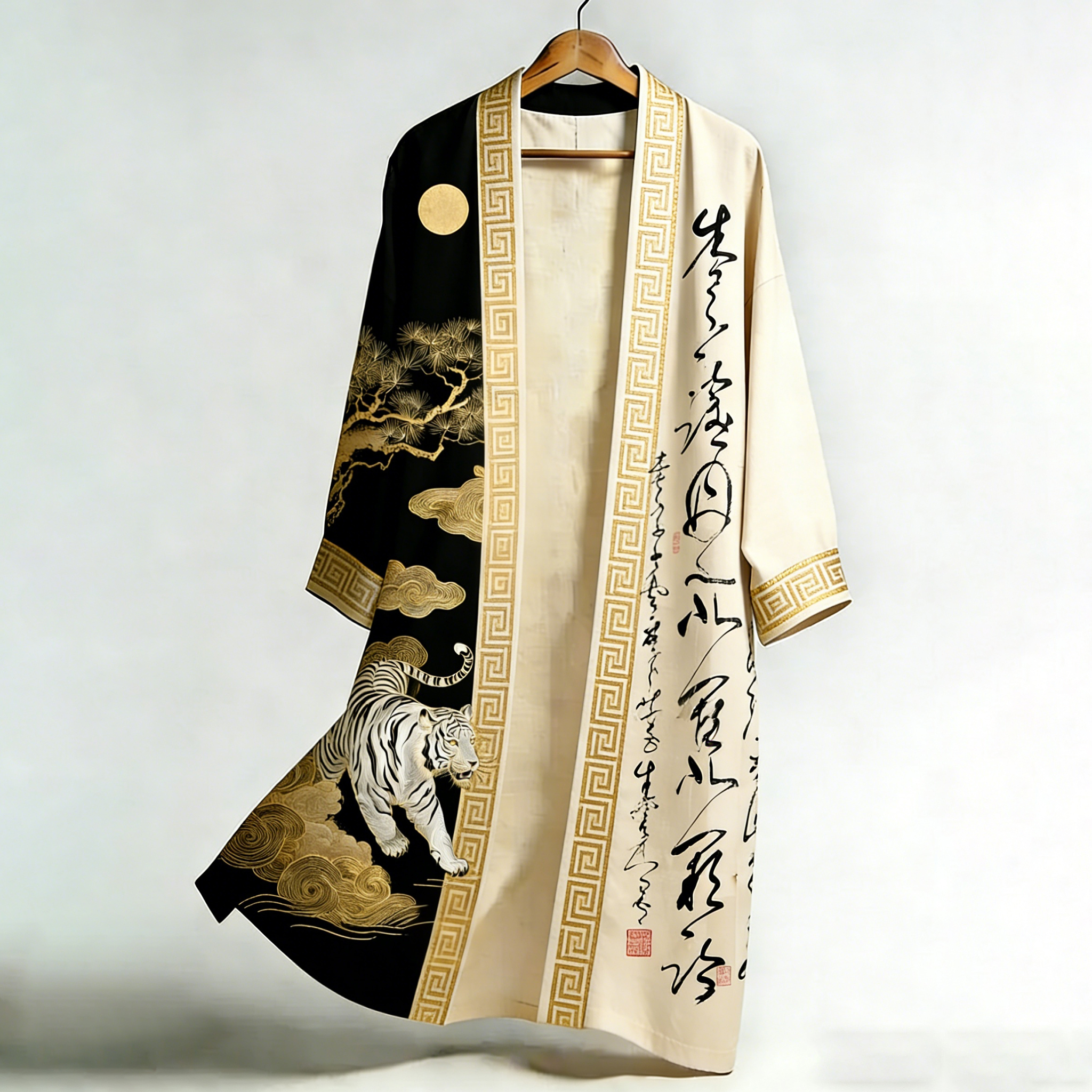 Men's Japanese Retro Calligraphy Tiger Art Flowing Kimono