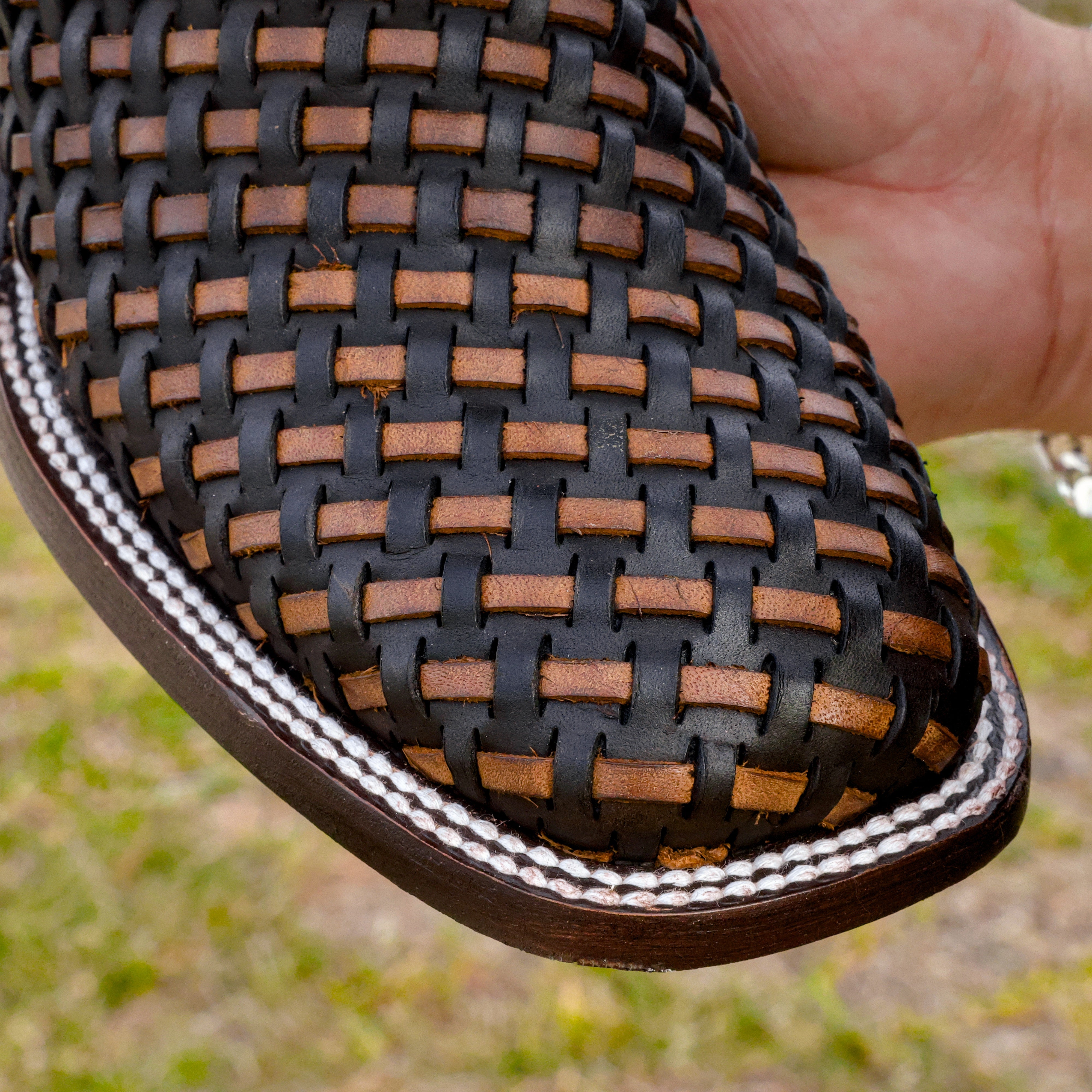 Brown Basketweave Leather Boots - Square Toe