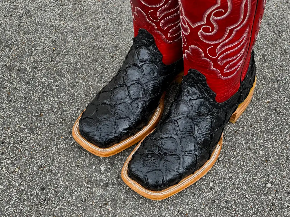 Men’s Black Pirarucu Leather Boots With Red Shaft and White Embroidery