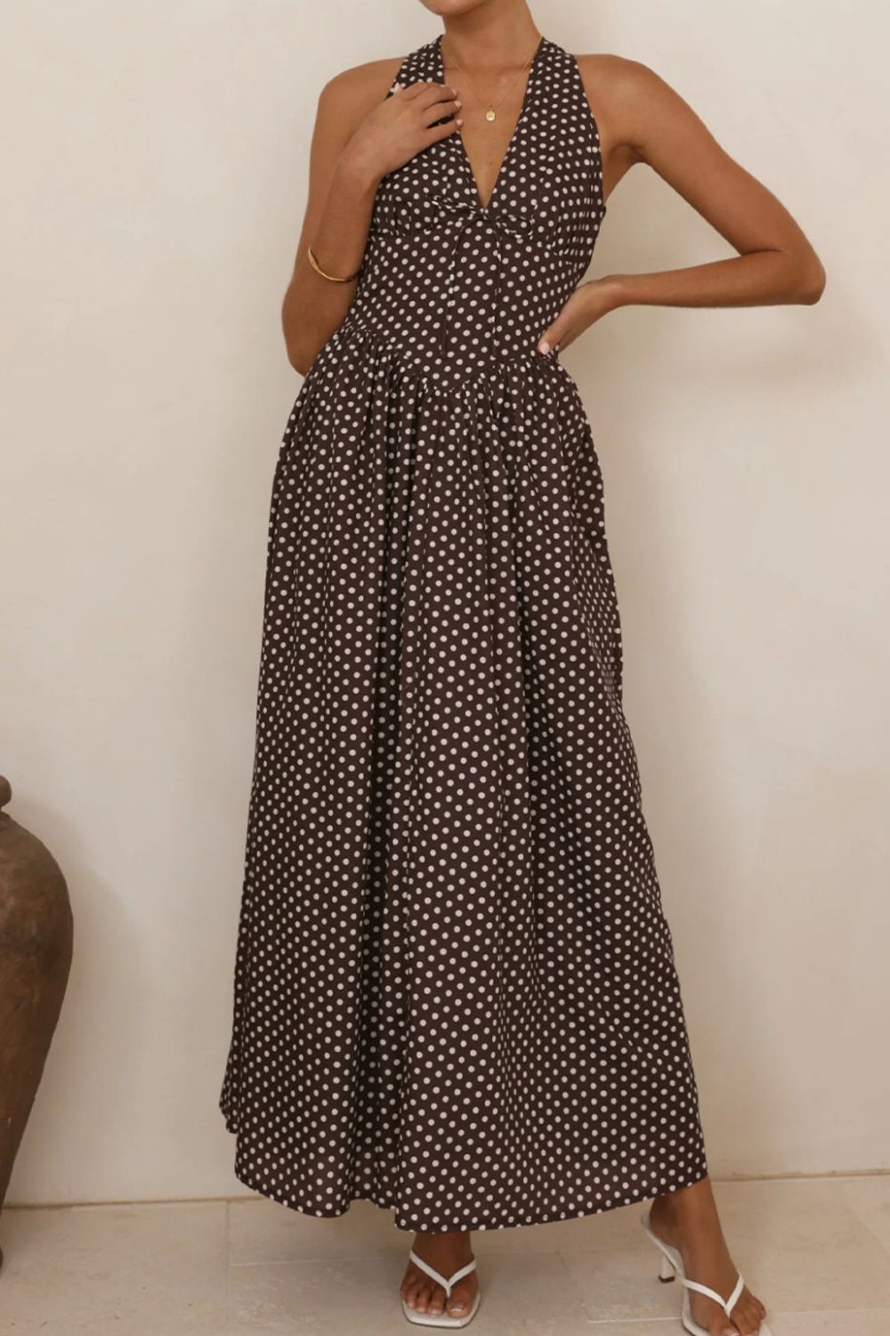 Backless Polka Dot Halter Neck Maxi Dress