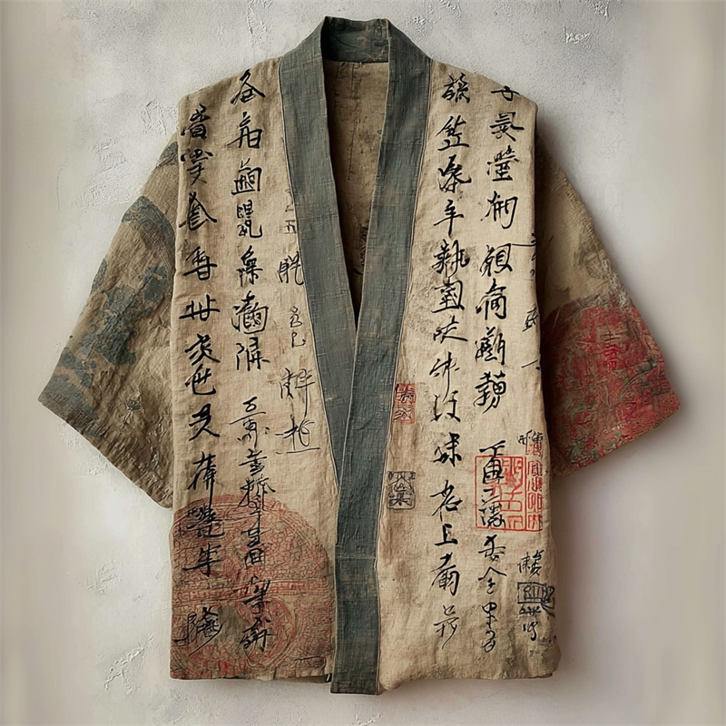 Japanese Ancient Calligraphy Art Linen Kimono Cardigan