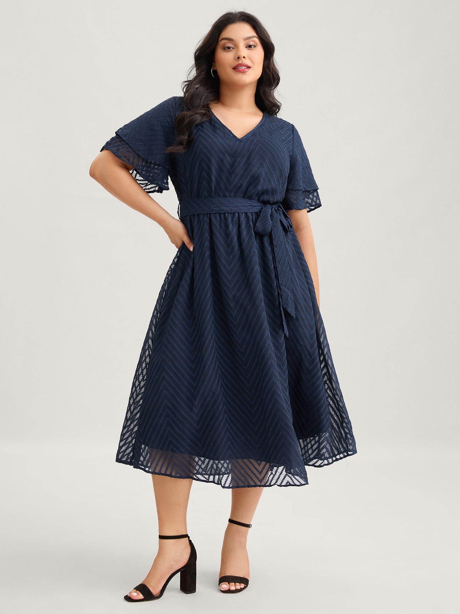 Texture Tiered Ruffle Sleeve See Through Dress