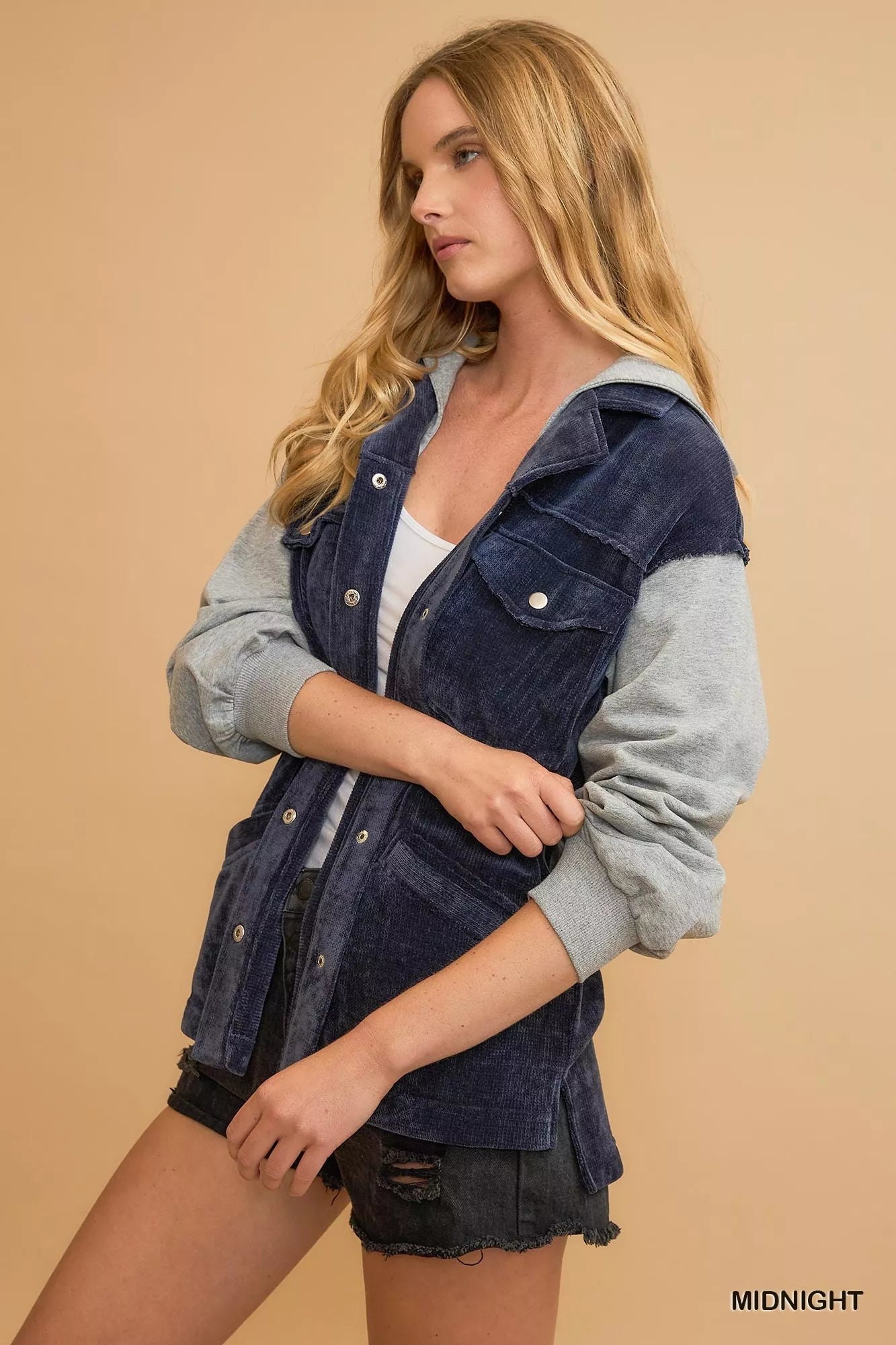 Umgee Contrast Hooded Chenille Jacket