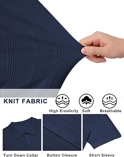 Men's Knit Button Down Shirts Short Sleeve Polo Shirt Casual Vacation Summer Beach Shirts