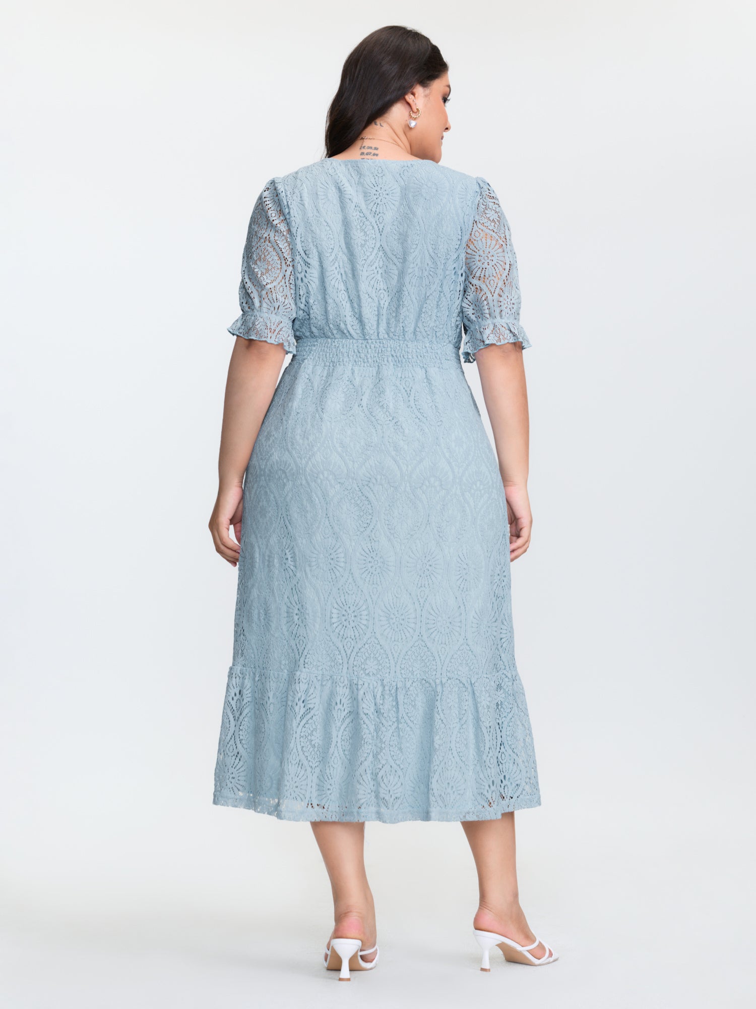 Lace Trim Shirred Button Detail Midi Dress