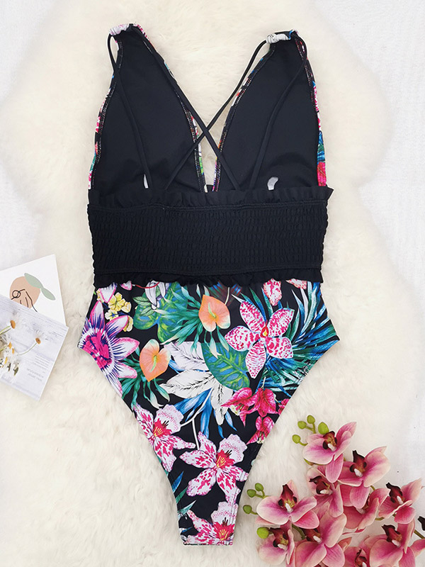 Floral Printed Ruffled V-Neck One-Piece Swimwear
