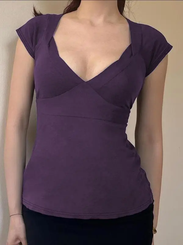 Women's Plain Tee, Basic Casual Minimalist Short Sleeve Slim Fit T-shirt