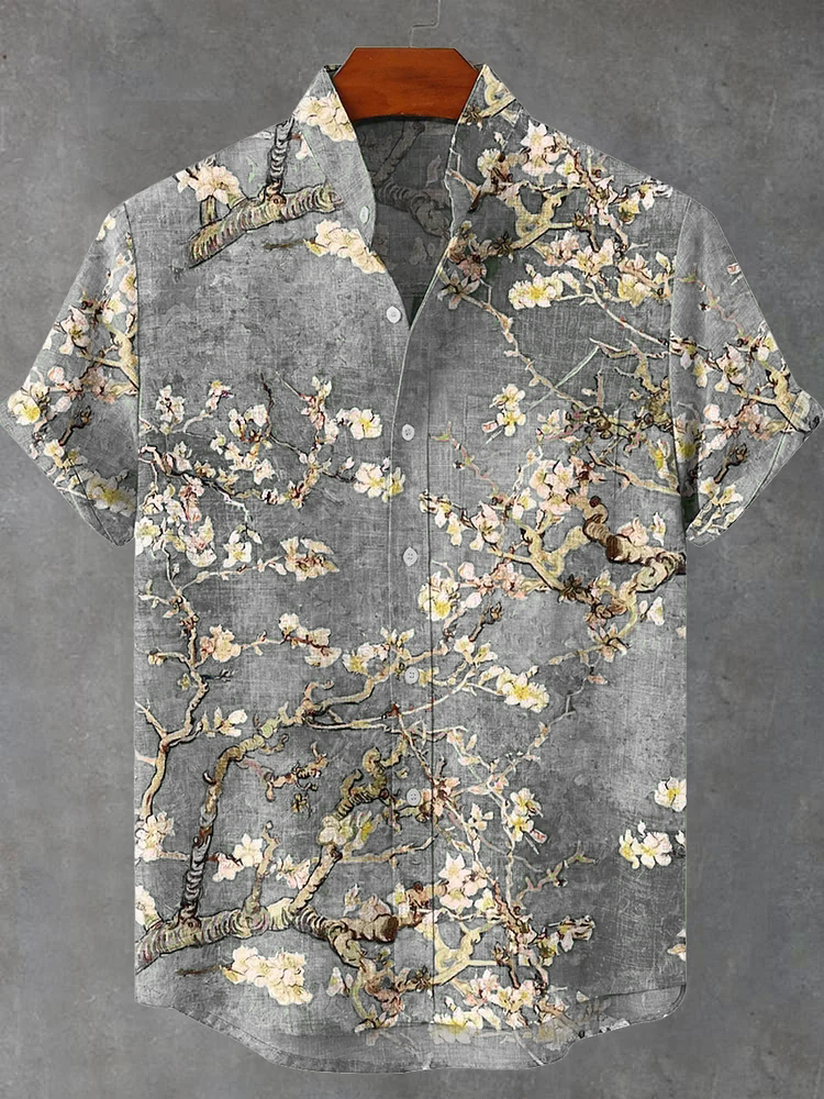 Vintage White Art Florets Print Casual Cotton Shirt