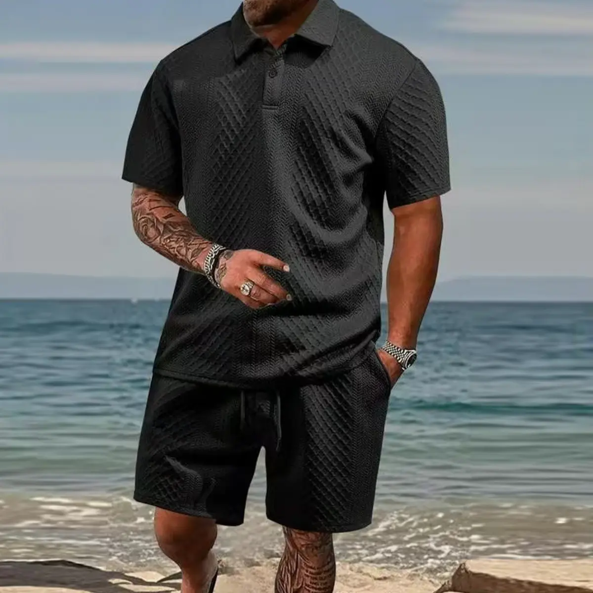 Men's summer casual texture fabric solid color polo shirt T-shirt shorts 2-piece set