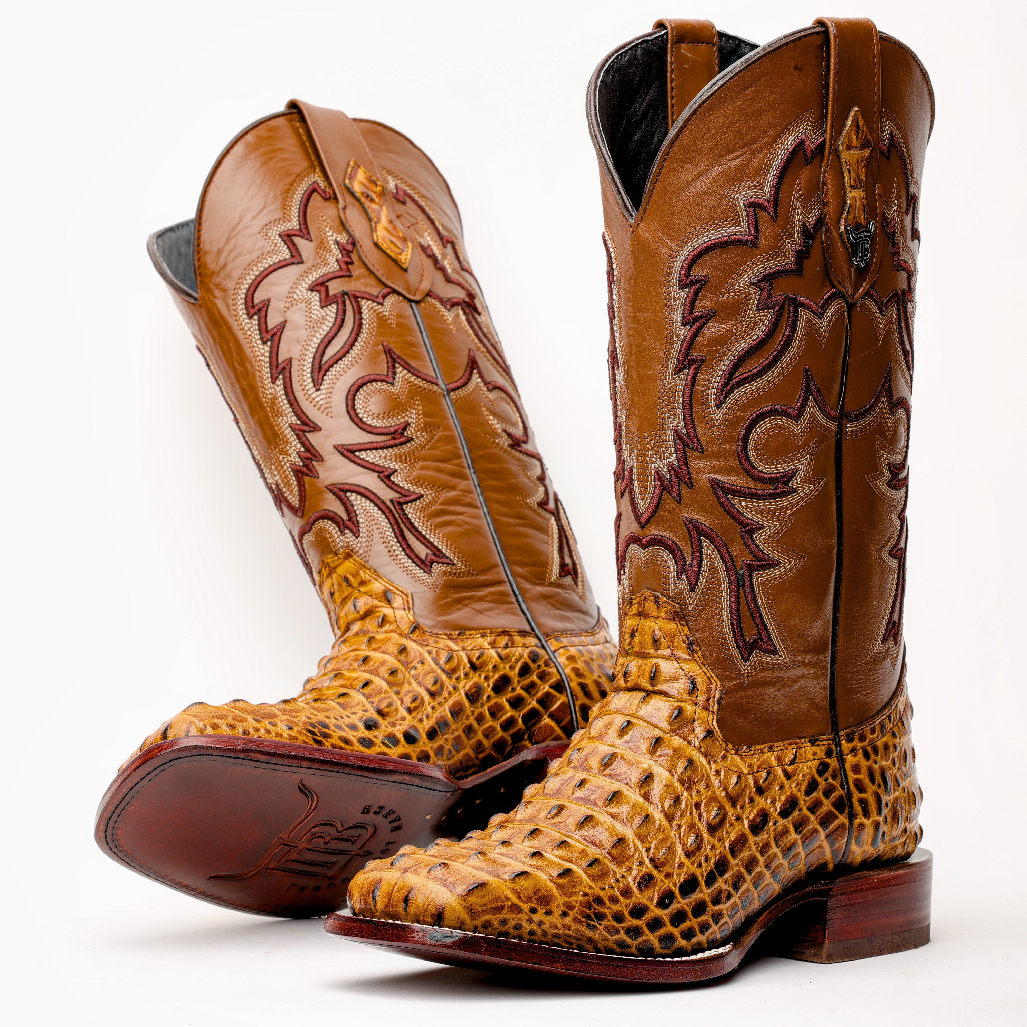 Honey Caiman Hornback Leather Boots - Square Toe