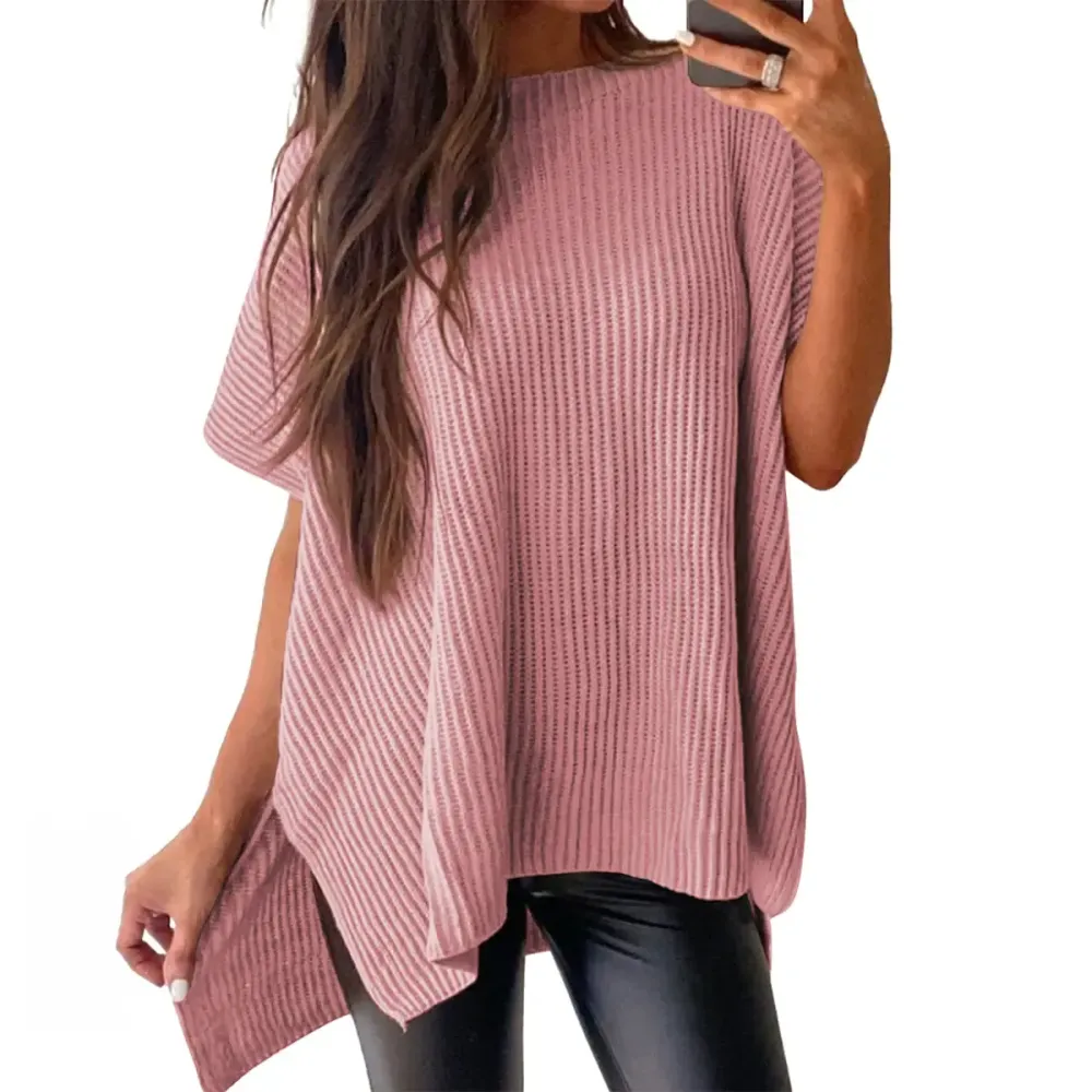 2026 Spring/Summer Oversized Cozy Ribbed Knit Top Women’s Crew Neck Short Sleeve Pullover Elegant Solid