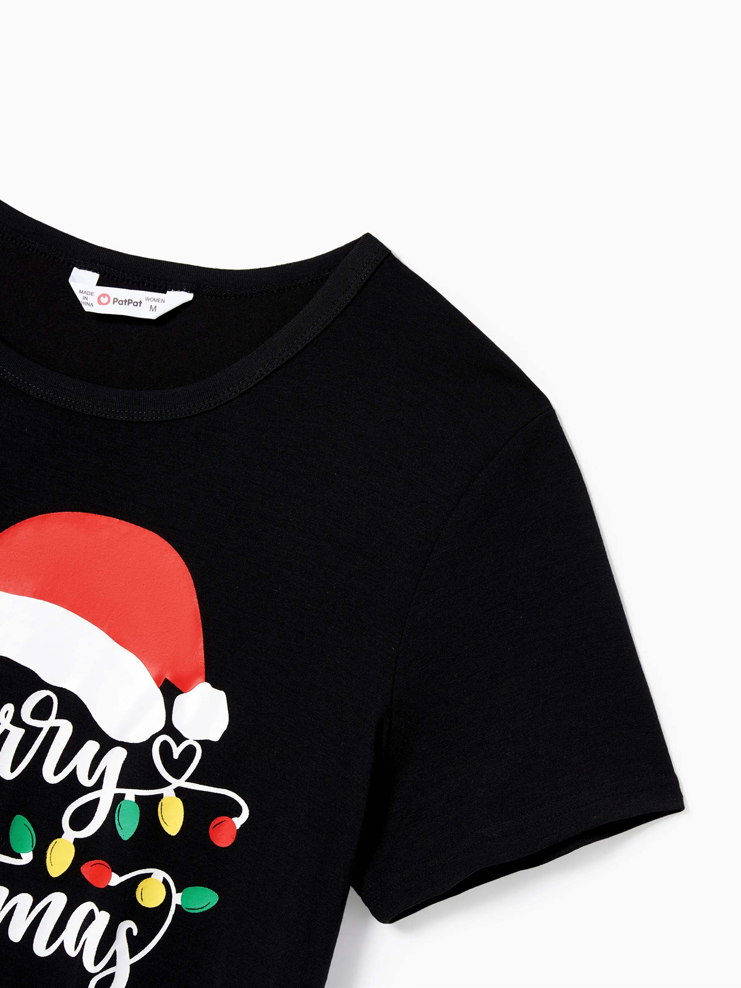 Christmas Family Matching Letters&Festive light bulb Print Short-sleeve Pajamas Sets Black