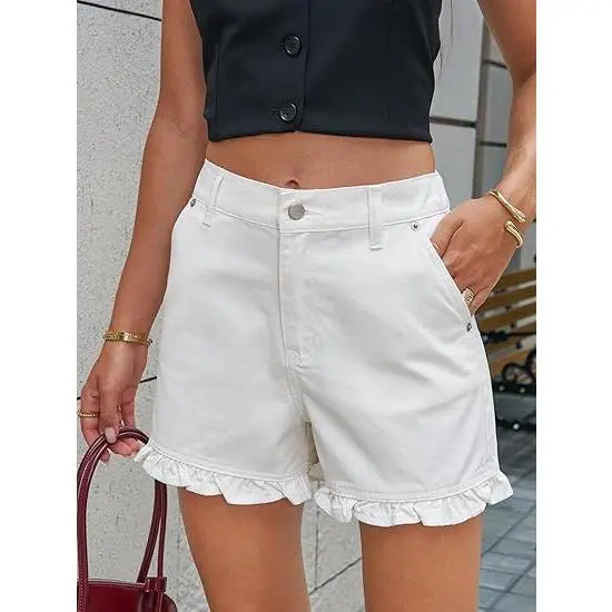Women's Summer Ruffled Denim Shorts — Cute High-Waisted, Pure Cotton Denim Shorts with Pockets
