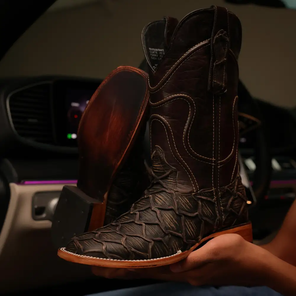 Brown Rustic Pirarucu Leather Boots - Square Toe