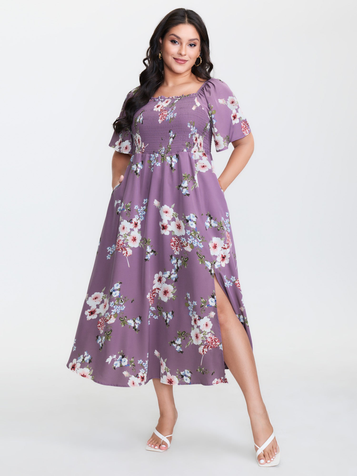 Floral Square Neck Ruffles Pocket Shirred Split Dress