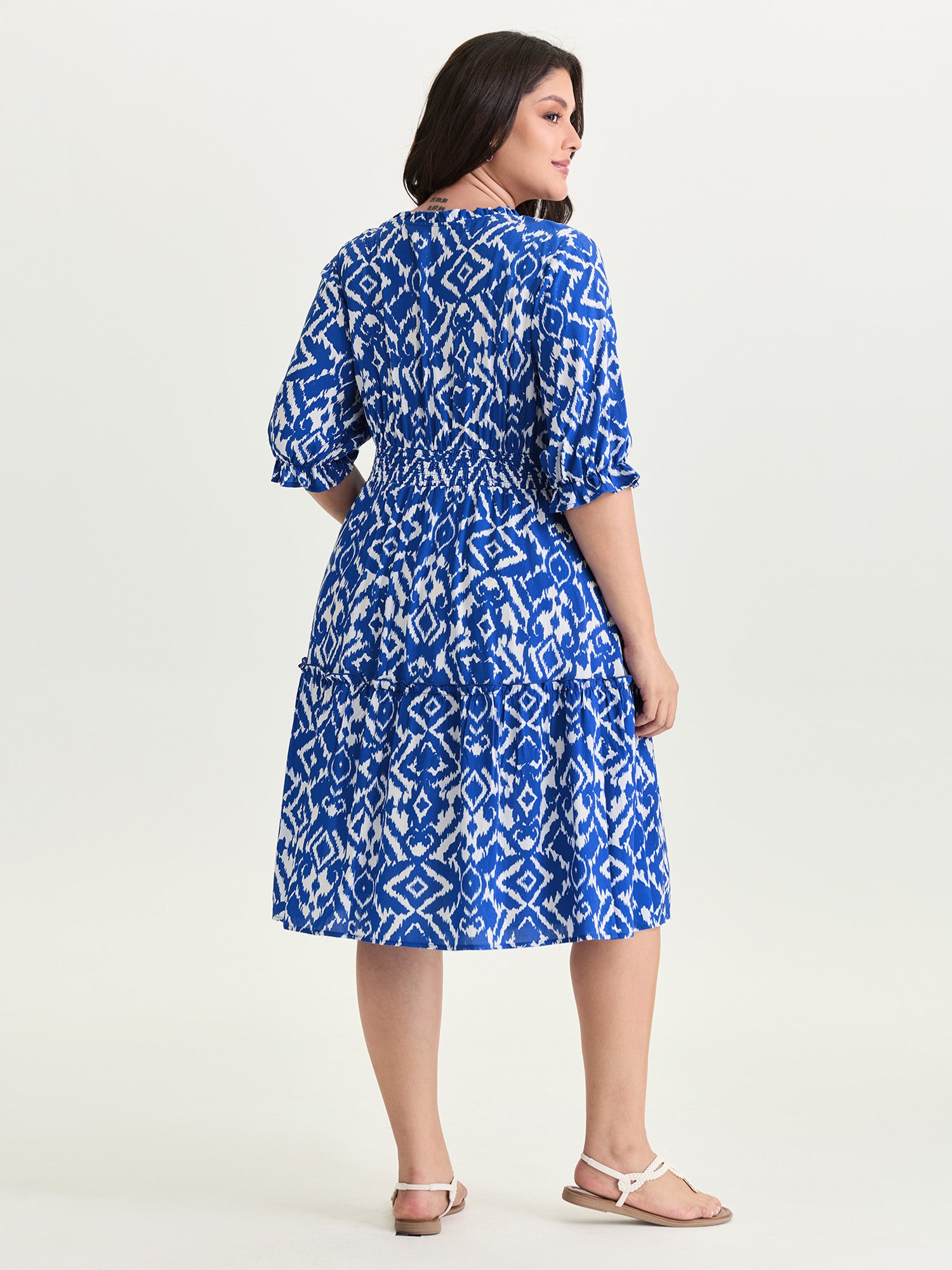 Abstract Print Drawstring Neckline Shirred Mini Dress