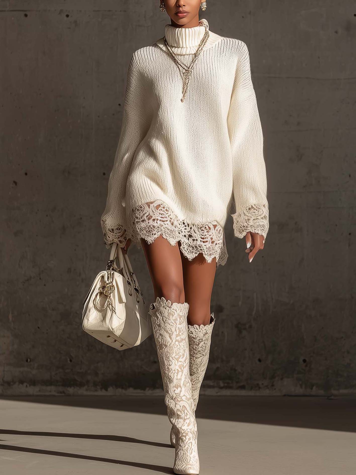 White Turtleneck Knit Mini Dress With Lace Trim