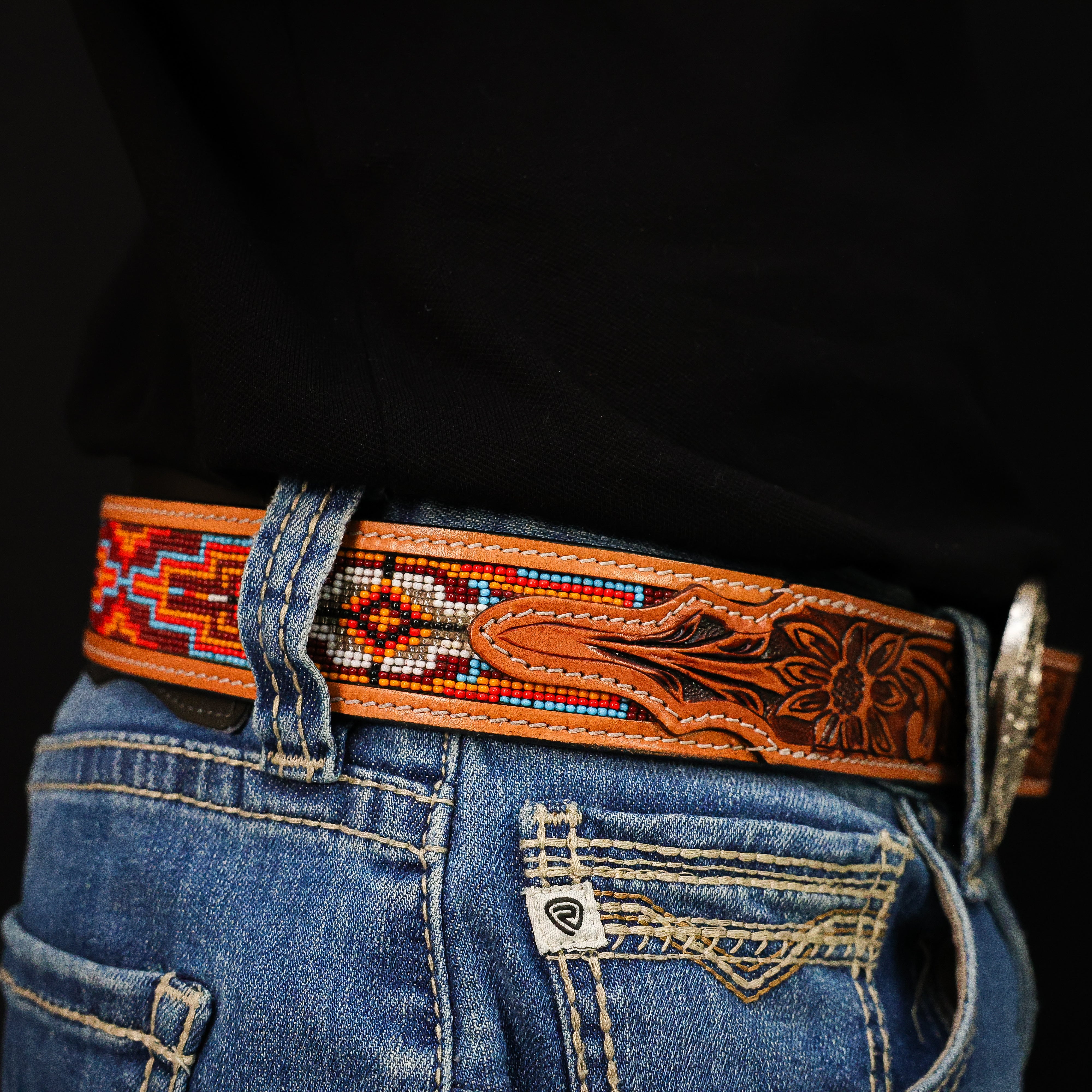 Hand-Tooled Artesanal Beaded Leather Belt