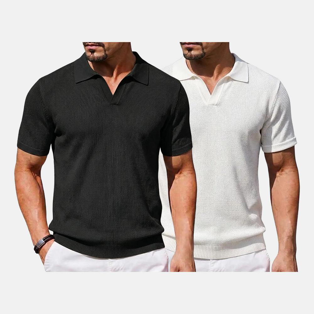 2026 Men's V Neck Short Sleeve Stretch Knit Polo Shirt