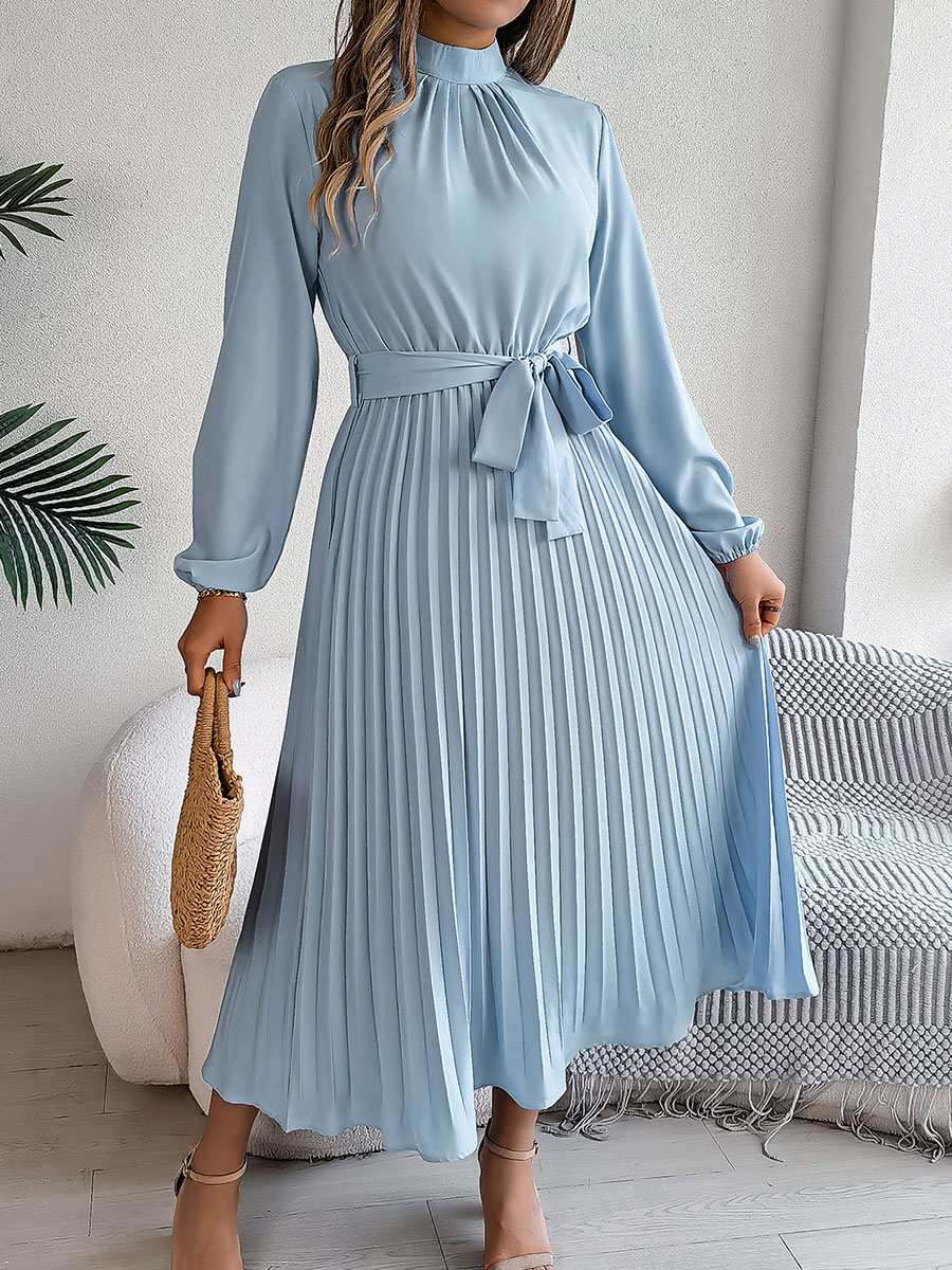 Women's Stand-up Collar Long-sleeved Lace Up Pleated Dress