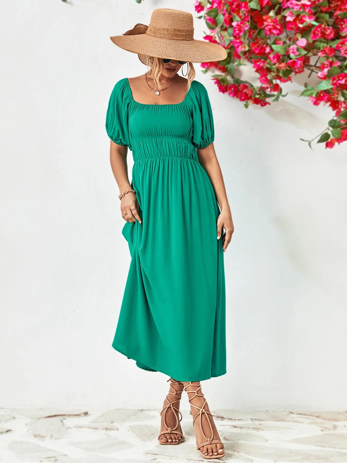 Off-Shoulder Puff Sleeve Smocked Maxi Dress