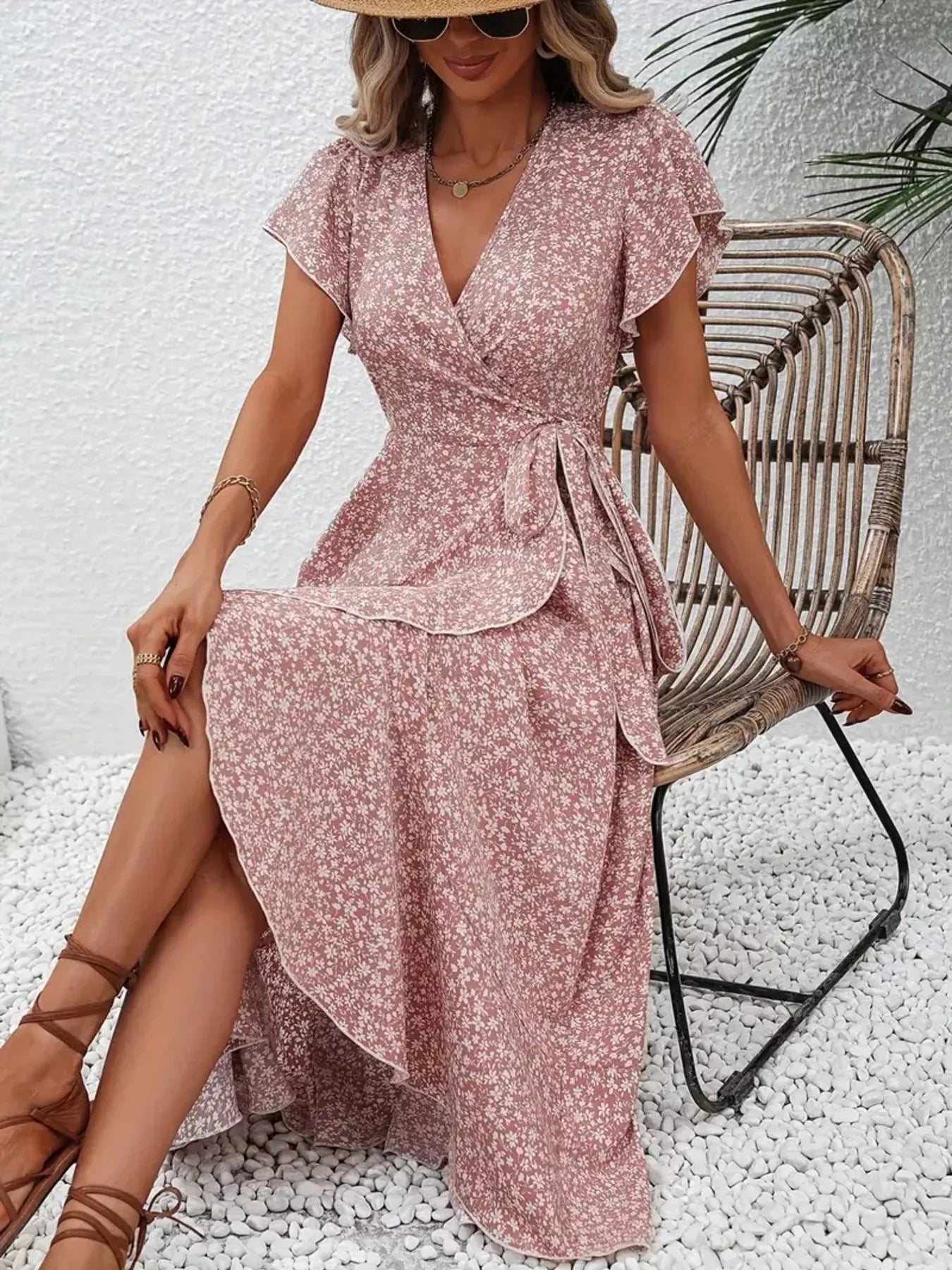 Floral Print Ruffle Hem Wrap Midi Dress