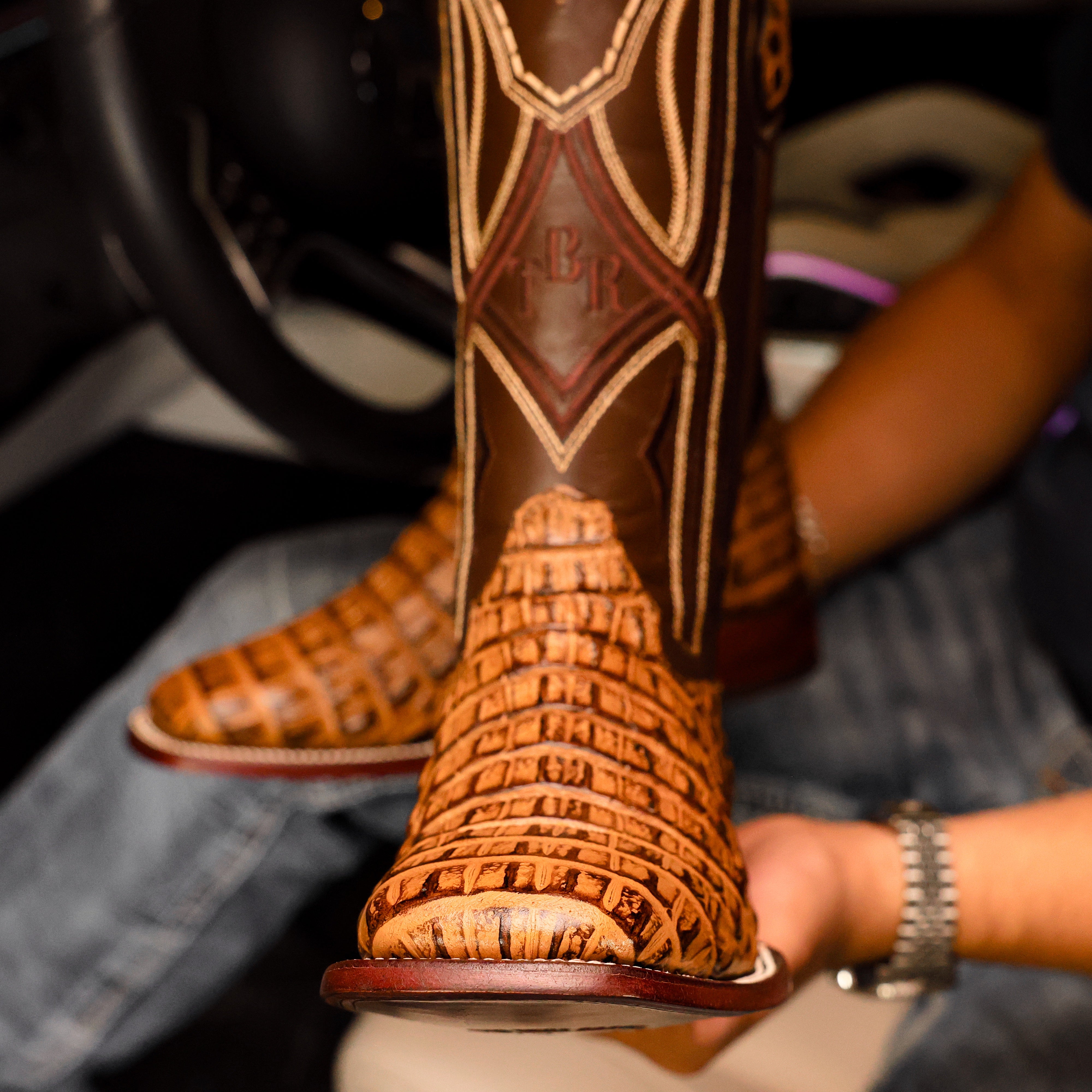Honey Caiman Hornback Leather Boots - Square Toe