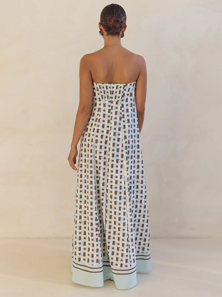 Strapless Off-shoulder Brown Checkered Print Floor Length Dress