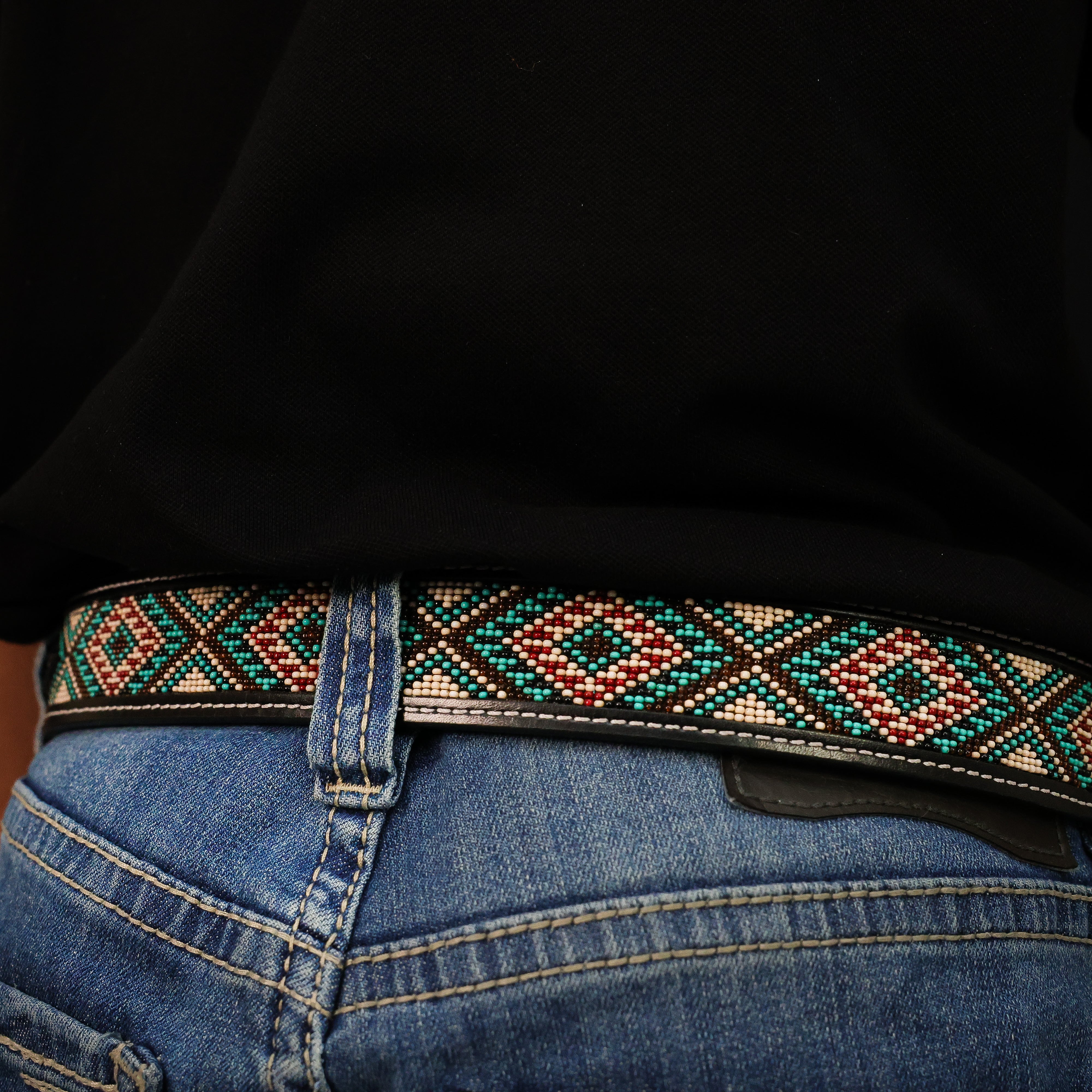 Hand-Tooled Artesanal Beaded Leather Belt