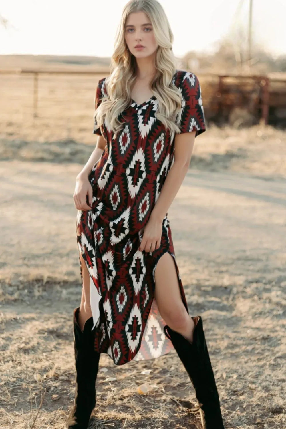 Aztec Print V-Neck Midi Dress