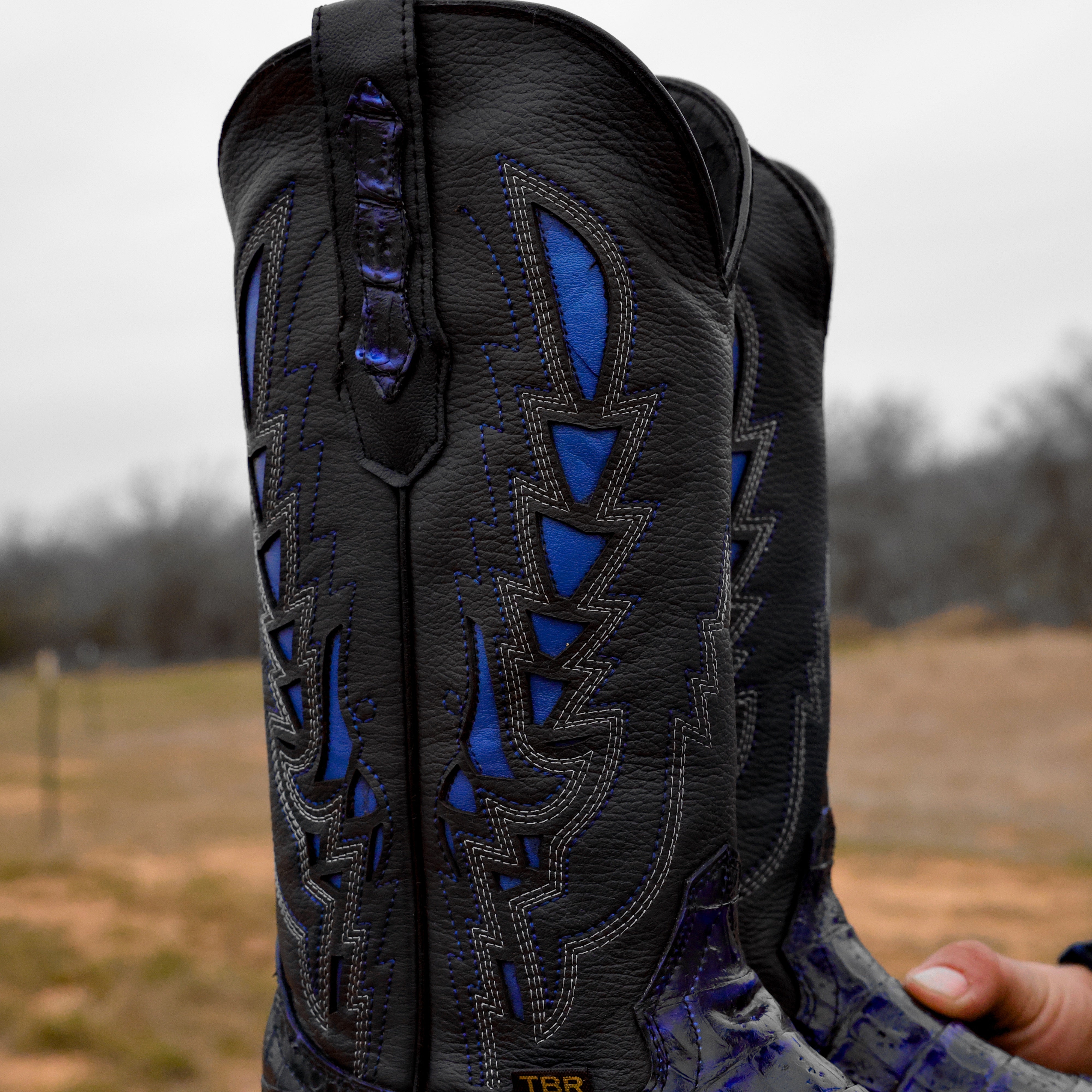 Black/Royal Blue Caiman Hornback Leather Boots - Square Toe