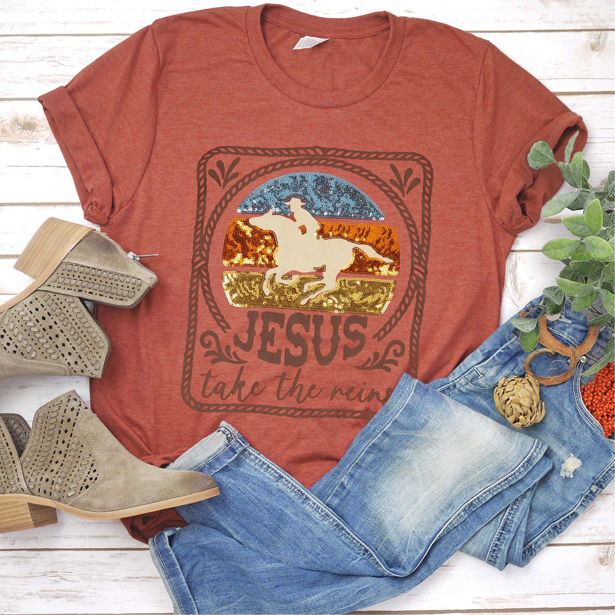 Embellished Jesus Take the Reins Sequin Tee