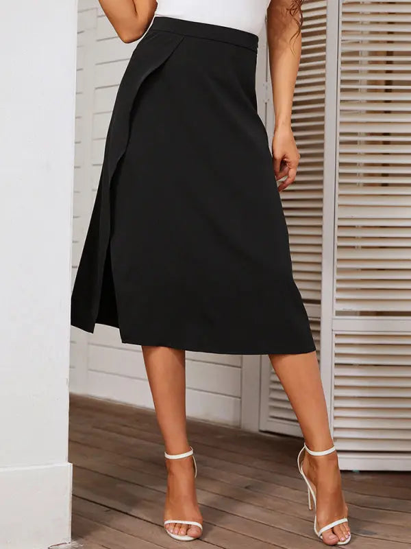 Side Slit Black Midi Skirt