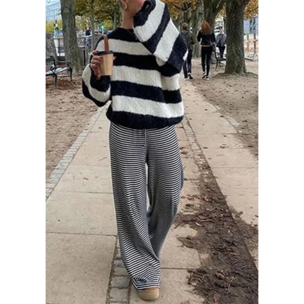 Women's Striped Drawstring Straight Leg Pants
