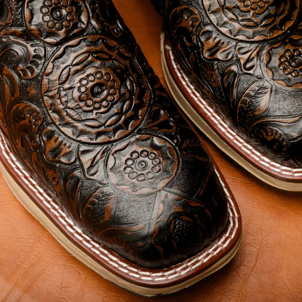 Rustic Brown Hand-Tooled Leather Boots With 3D Lightweight Sole - Composite Toe