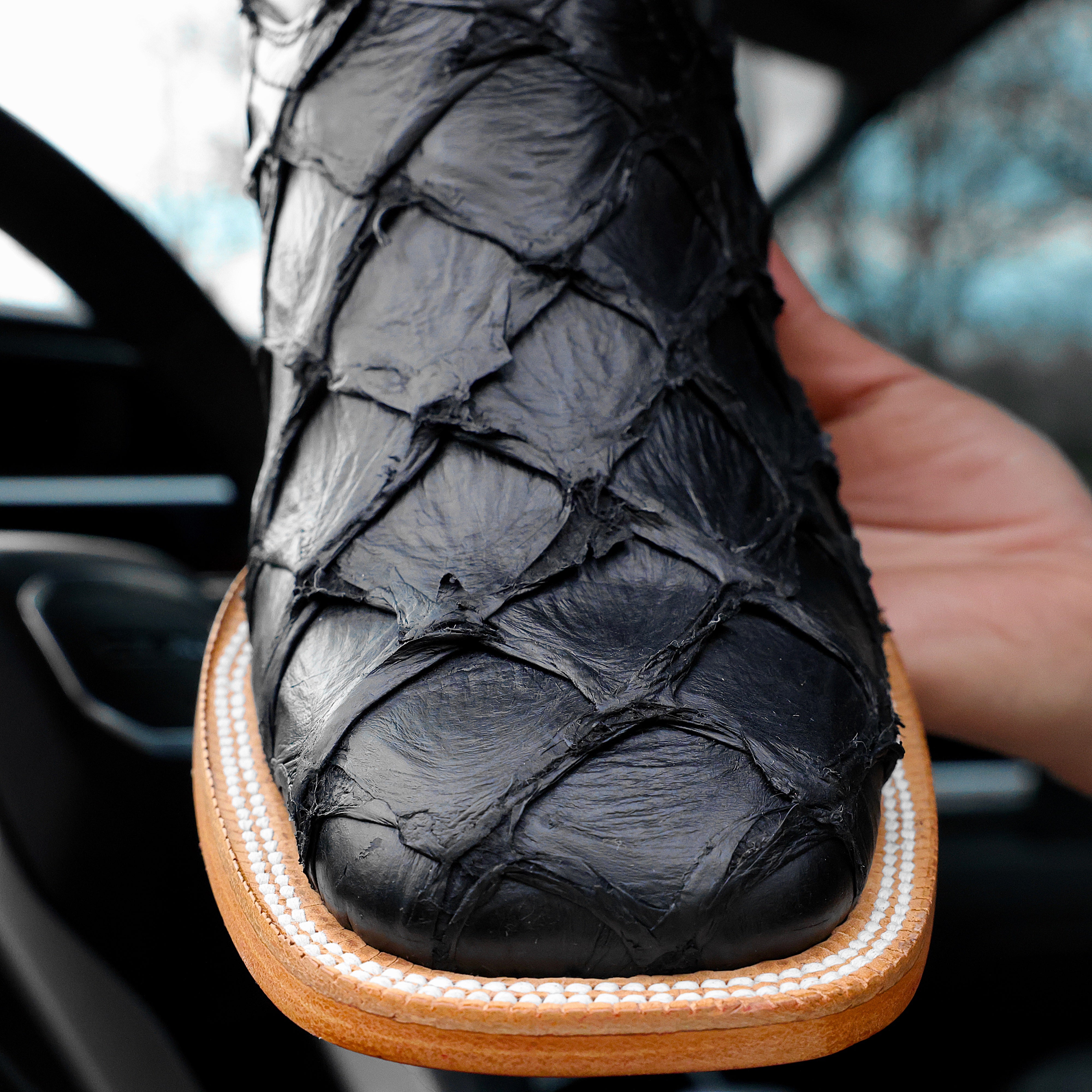 Black Genuine Pirarucu Boots - Square Toe