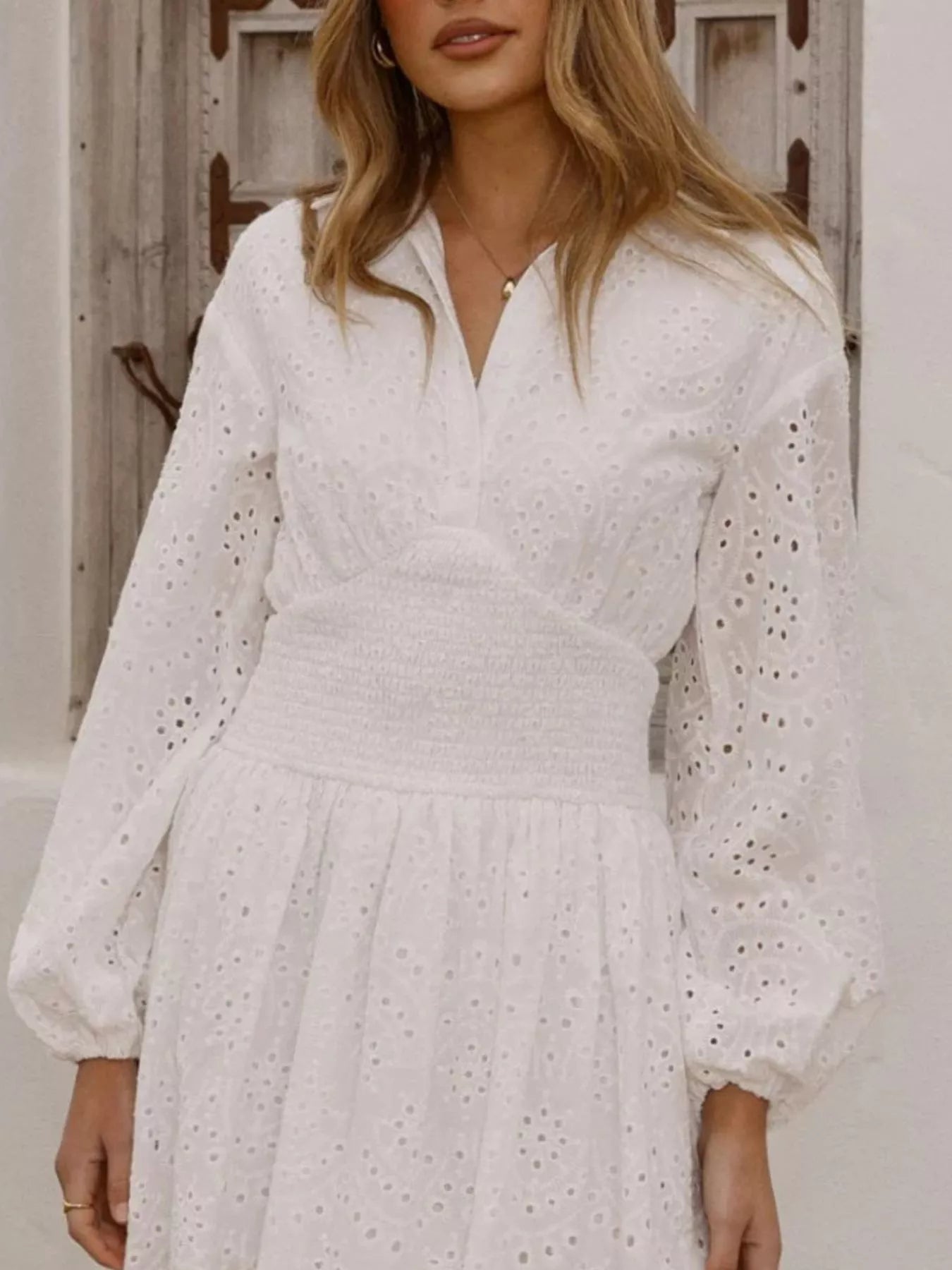 Eyelet Balloon Sleeve Mini Dress