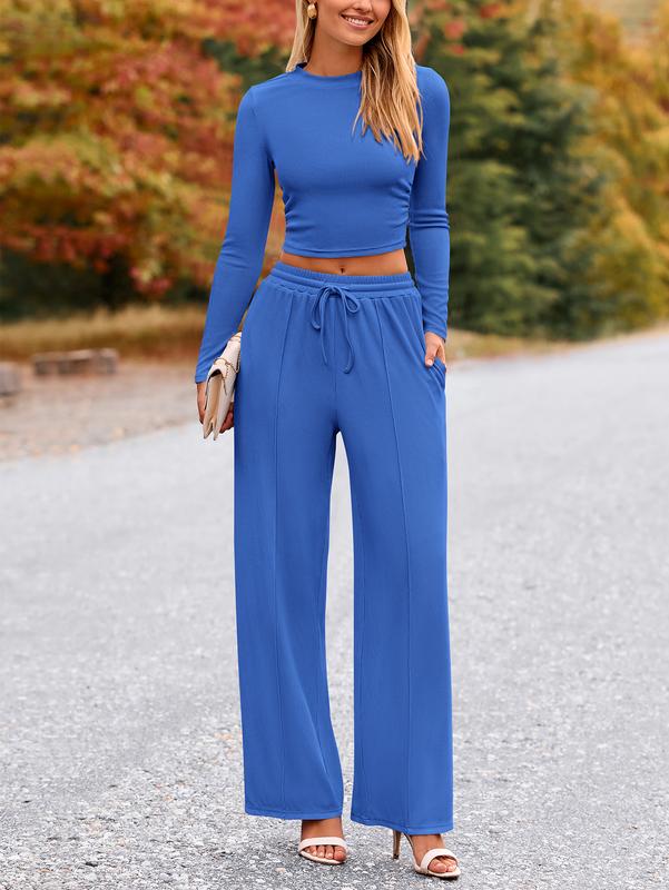 2-Piece Ribbed Knit Long Sleeve Crop Top Wide Leg Pants Matching Lounge Set Loungewear