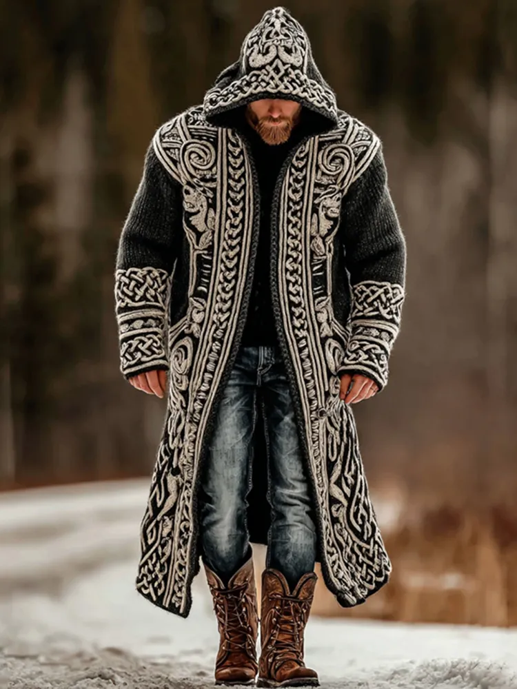 Men's Viking Celtic Knot Colorblock Mid-length Cardigan Sweater