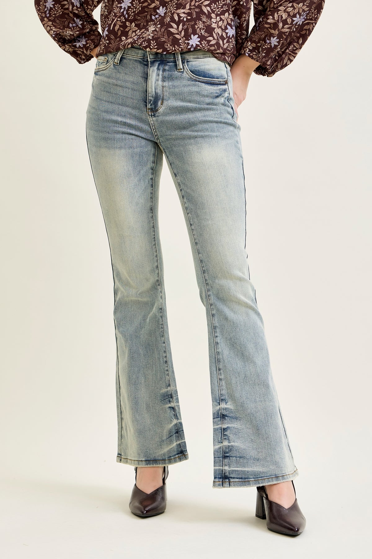 Megan Mid Rise Tinted Pin Tack Detail Flare Jeans