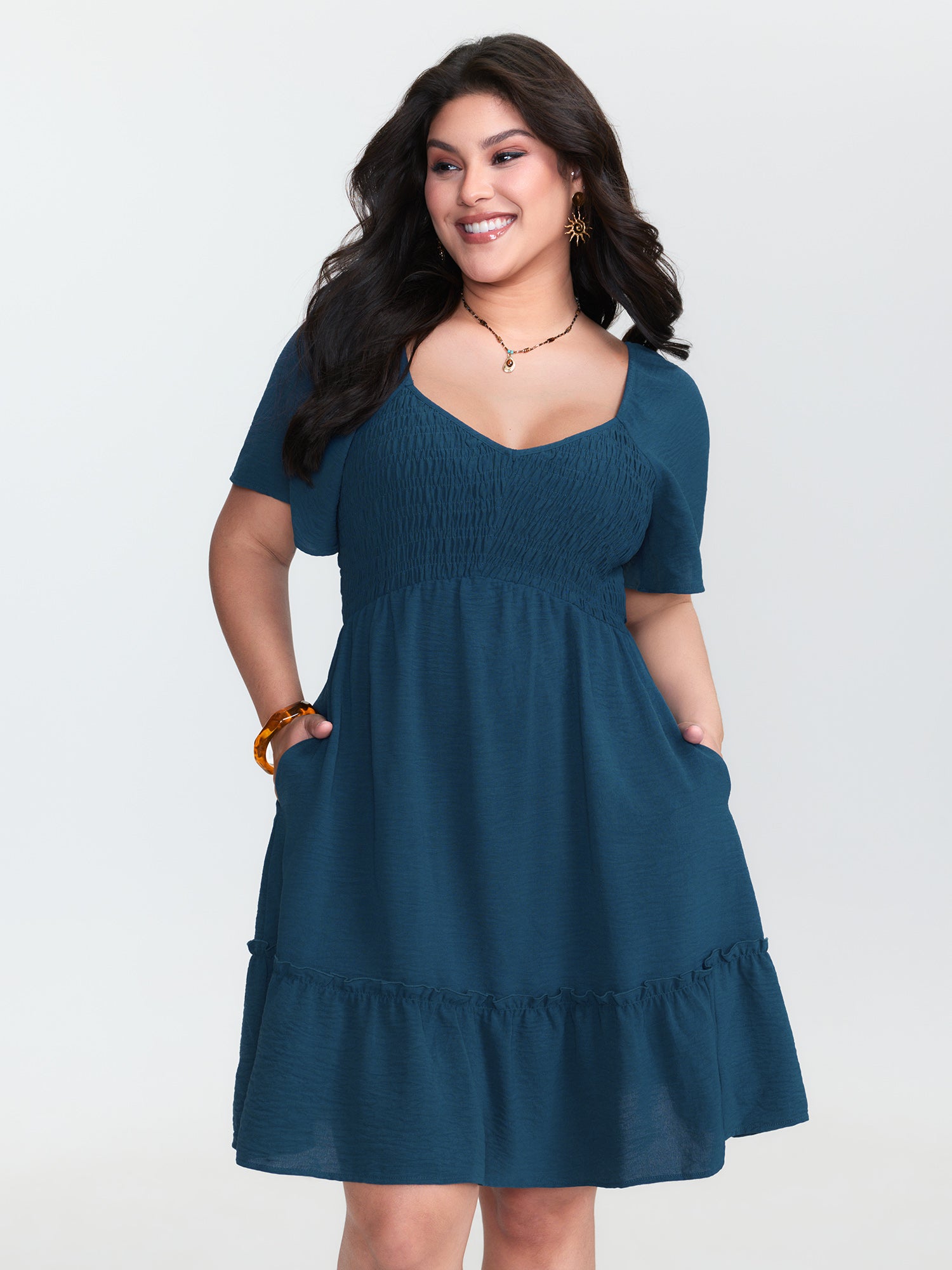 Shirred Bodice Ruffle Hem Flowy Mini Dress