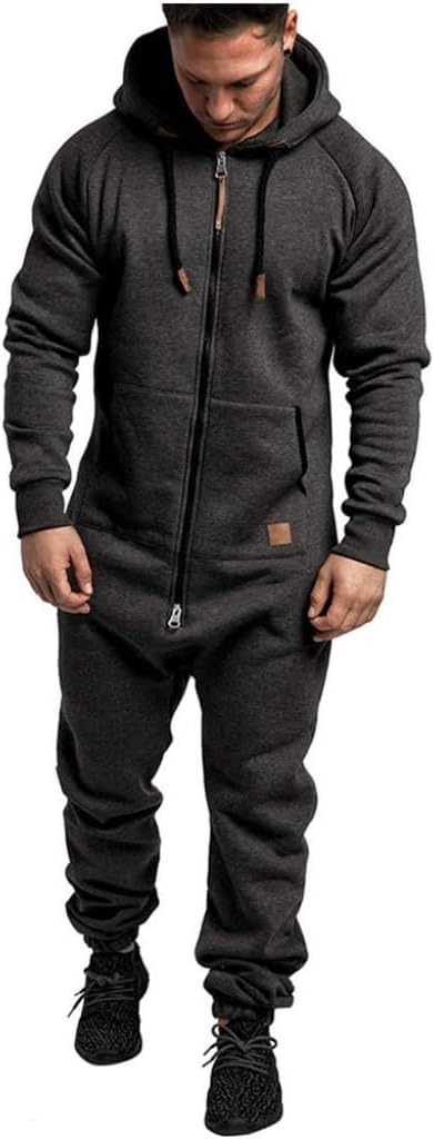 Mens Fleece Lined Hooded Jumpsuit Full Zip Up One Piece Pajamas Onesie Overalls Rompers Playsuit Jogging Sweatsuits
